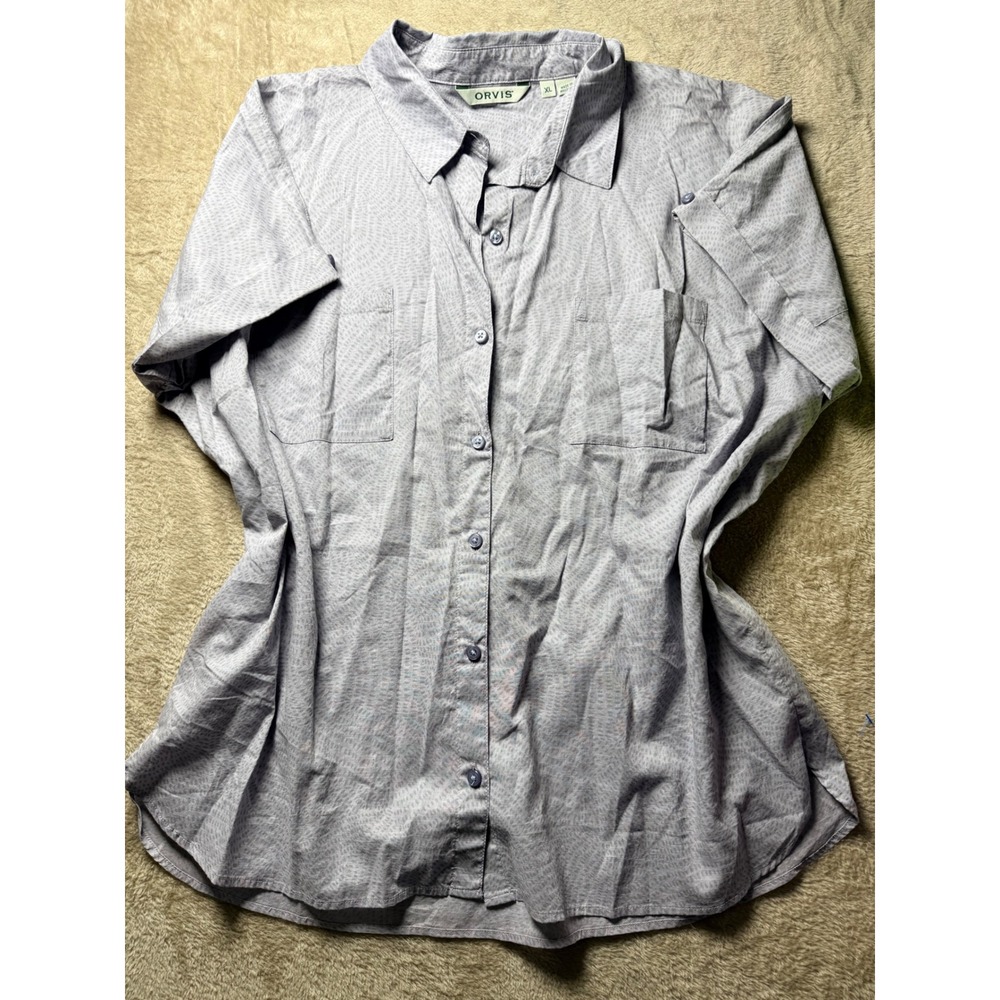 Orvis Womens XL Purple Cotton Short Sleeve Button Down Shirt Textured Pocket Top